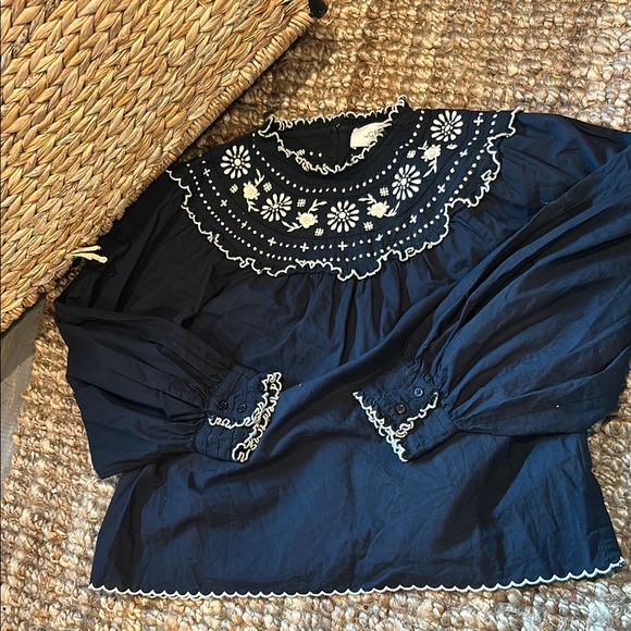 THE GREAT. Tops - THE GREAT. Navy Blue Embroidered Peasant Blouse with White Trim
